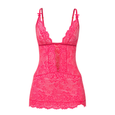 A vibrant pink lace magic silk plunge chemise and g-set with delicate floral patterns and thin shoulder straps