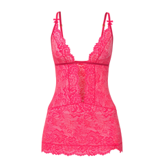 A vibrant pink lace magic silk plunge chemise and g-set with delicate floral patterns and thin shoulder straps