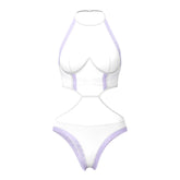 White halter neck bodysuit with lavender lace trim and cut out details magic silk sheer passion halter teddy