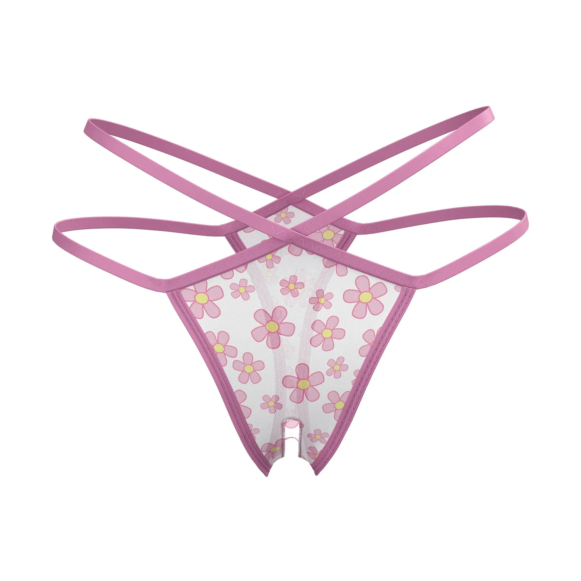 Pink floral-patterned magic silk split crotch thong with sheer mesh fabric and matching elastic straps front view
