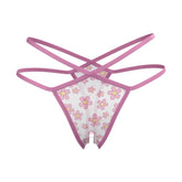Pink floral-patterned magic silk split crotch thong with sheer mesh fabric and matching elastic straps front view