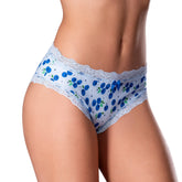 Light blue high-waisted magic silk sweet treats boy short underwear with lace trim and dark blue berry pattern