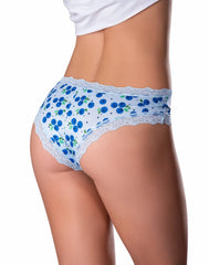 Light blue magic silk sweet treats boy short briefs with dark blue cherry pattern and white lace trim waistband
