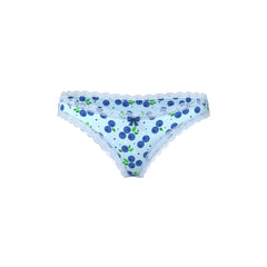 Light blue Magic Silk sweet treats boy short underwear with blueberry pattern, white lace trim, and navy bow accent