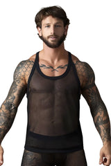 Male power 110-11c fishnet 2 tank top in black with reinforced shoulder straps and solid trim at the waist