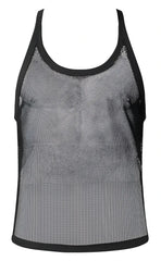 Male power 110-11c fishnet tank top in black with solid black trim along neckline armholes and hem