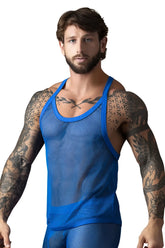 Male Power 110-11C royal blue fishnet tank top with solid blue trim in mesh fabric for men