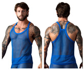 Male power 110-11c fishnet tank top in royal blue with blue mesh and trim for stylish breathable wear