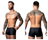Male power 120-298 oh snap snap off short black form-fitting swim trunks with subtle sheen and single button closure