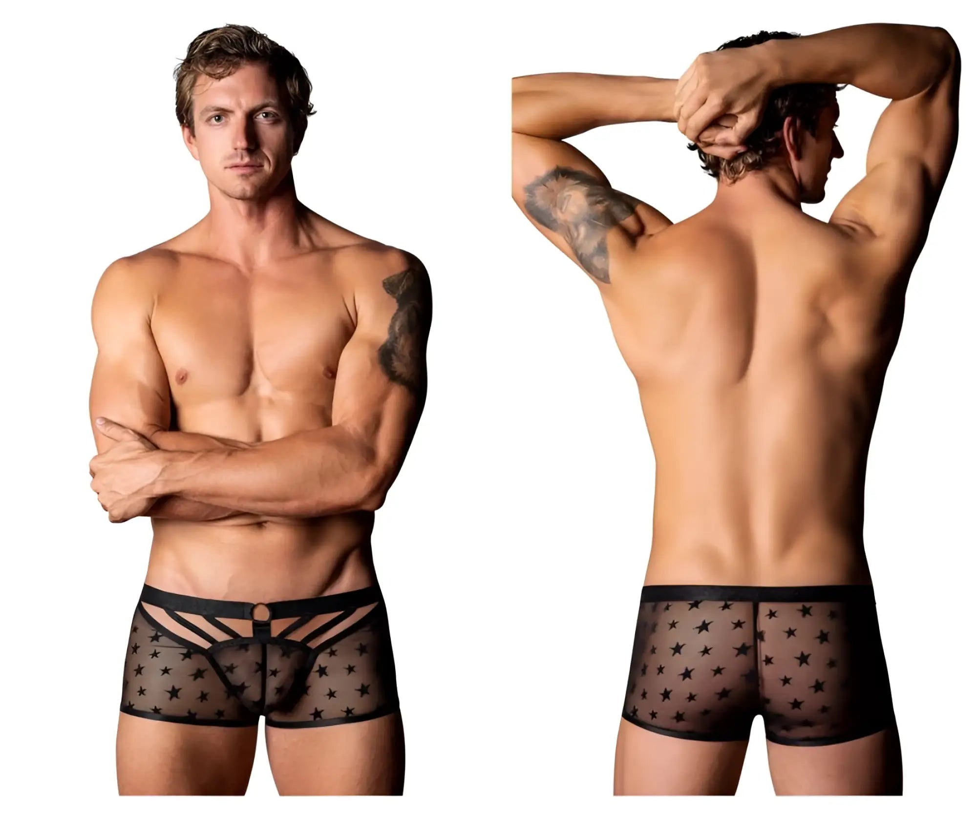 Black sheer star-patterned men’s briefs with black elastic waistband and front panel male power 122-291 love star short