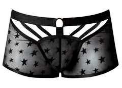 Male power 122-291 love star short black sheer star-patterned men’s underwear with crisscross cutouts and solid waistband