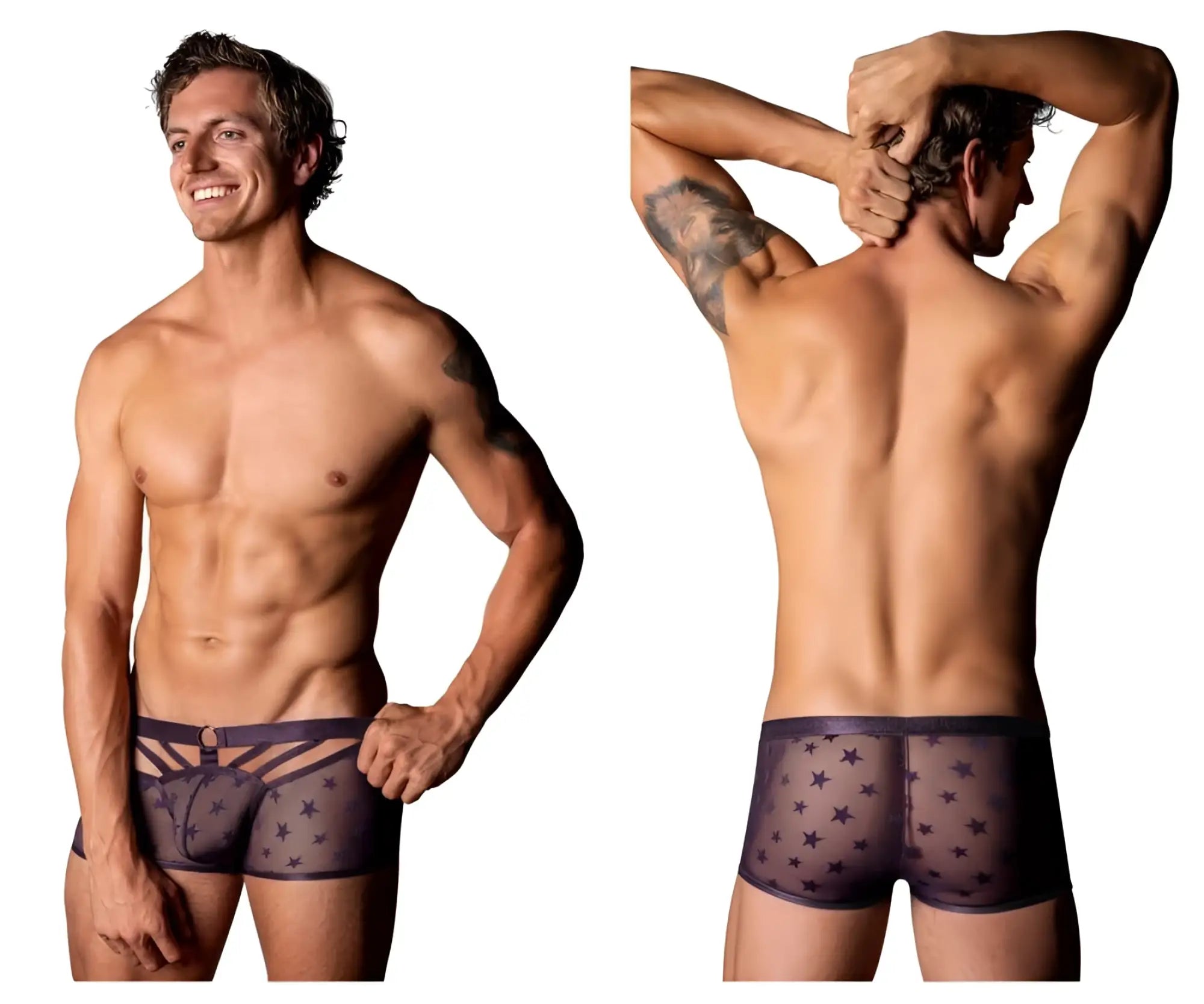 Male power 122-291 love star short purple sheer boxer briefs with star pattern and front cut-out strap panel