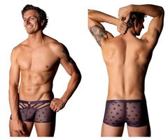 Male power 122-291 love star short purple sheer boxer briefs with star pattern and front cut-out strap panel