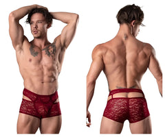 Male power 126-289 lucifer burgundy red lace briefs with decorative pattern and cut out sides