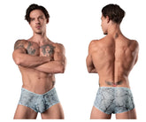 Male power light blue marble mesh micro mini short briefs with snug form-fitting design in light blue and gray marble pattern