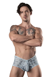 Male power 130-290 marble mesh micro mini short men’s briefs in gray and white marble pattern with light blue waistband