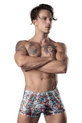 Male power 131-293 your lace or mine pouch short boxer briefs with vibrant red white and blue geometric pattern