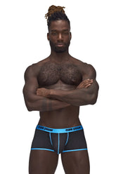 Black mesh male power 143-270 casanova uplift mini shorts with bright blue trim and branding