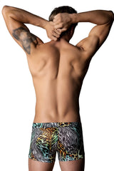 Men’s Male Power 143-295 Go Wild Uplift mini short boxer briefs in bold multi-animal leopard and zebra print