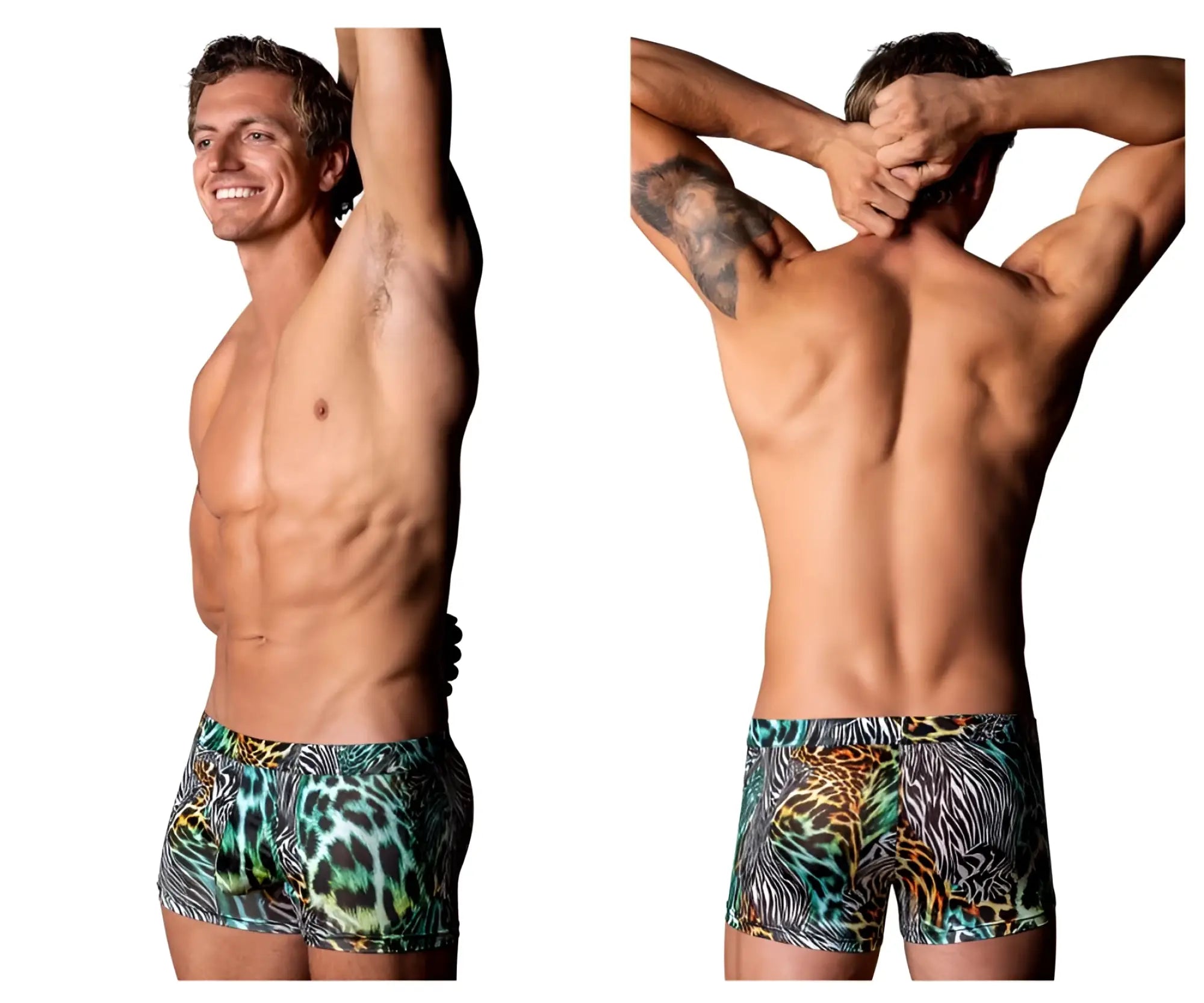 Men’s Male Power 143-295 Go Wild uplift mini short boxer briefs with vibrant teal black and gold leopard and zebra print