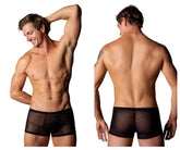 Male power 143-296 widow maker mini pouch short black mesh briefs with subtle diamond pattern front view