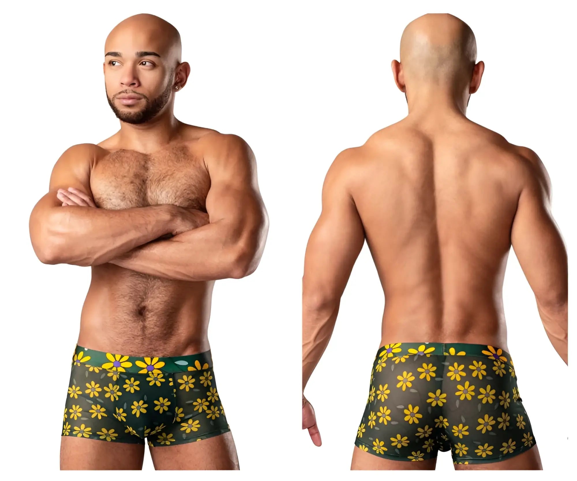 Male power green boxer briefs with yellow daisy print featuring purple centers petal power pouch short