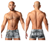 Distressed gray denim mini shorts with a faded worn look and visible stitching male power 145 286 denim print
