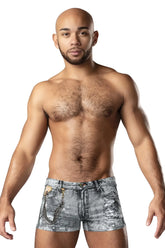 Male power 145-286 dirty denim mini short in distressed faded gray wash with decorative chain on front pockets
