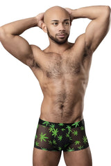 Male power 145-294 hazy dayz pouch black briefs with vibrant green cannabis leaf pattern for comfortable wear