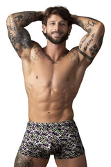 Male power 148-303 gridlocked strappy back men’s briefs in black white and green geometric pattern showing back side
