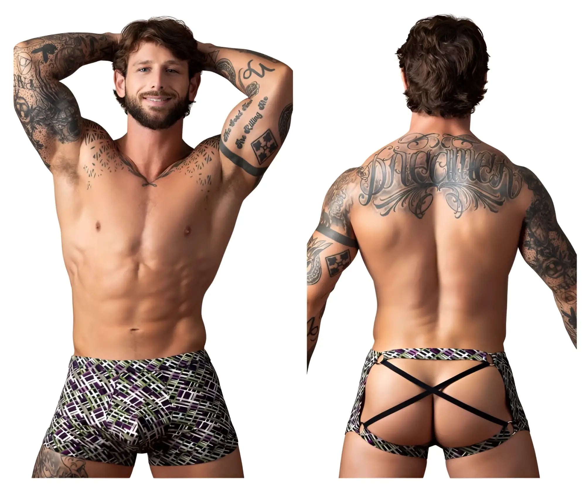 Black and white patterned Male Power 148-303 Gridlocked strappy back briefs with black cross-back straps shown from the back