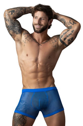 Blue mesh boxer briefs with solid blue trim by male power featuring a fishnet 2 pouch design in royal color