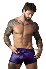 Male power 152-302 eggplant crossover short purple patent leather briefs with front tie closure