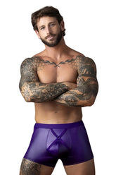 Purple satin male briefs with crossover front design from Male Power in eggplant color