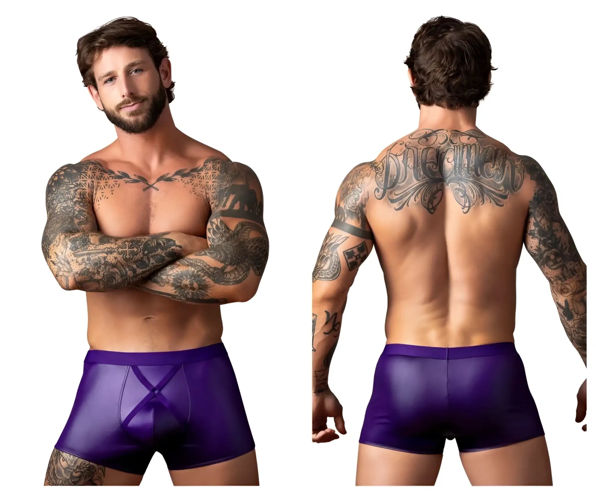 Male power 152-302 eggplant crossover short purple shiny faux leather briefs with central x-shaped front design