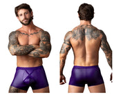 Male power 152-302 eggplant crossover short purple shiny faux leather briefs with central x-shaped front design