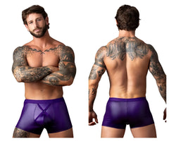 Male power 152-302 eggplant crossover short purple shiny faux leather briefs with central x-shaped front design