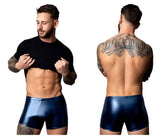 Shiny navy blue faux leather briefs male power 153-301 liquid onyx 2.0 pouch short color blue front view