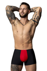 Male Power 154-300 hot mesh pouch boxer briefs in black and red with bold central red panel for enhanced support