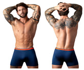 Navy blue male power soo cumfy boxer briefs with bright orange elastic waistband for comfortable everyday wear