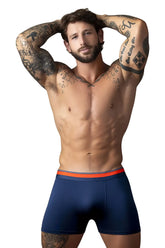 Navy blue male power soo cumfy boxer briefs with bright orange elastic waistband for comfortable everyday wear