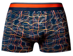 Navy boxer briefs by male power with a vibrant abstract pattern of orange yellow and white wavy lines