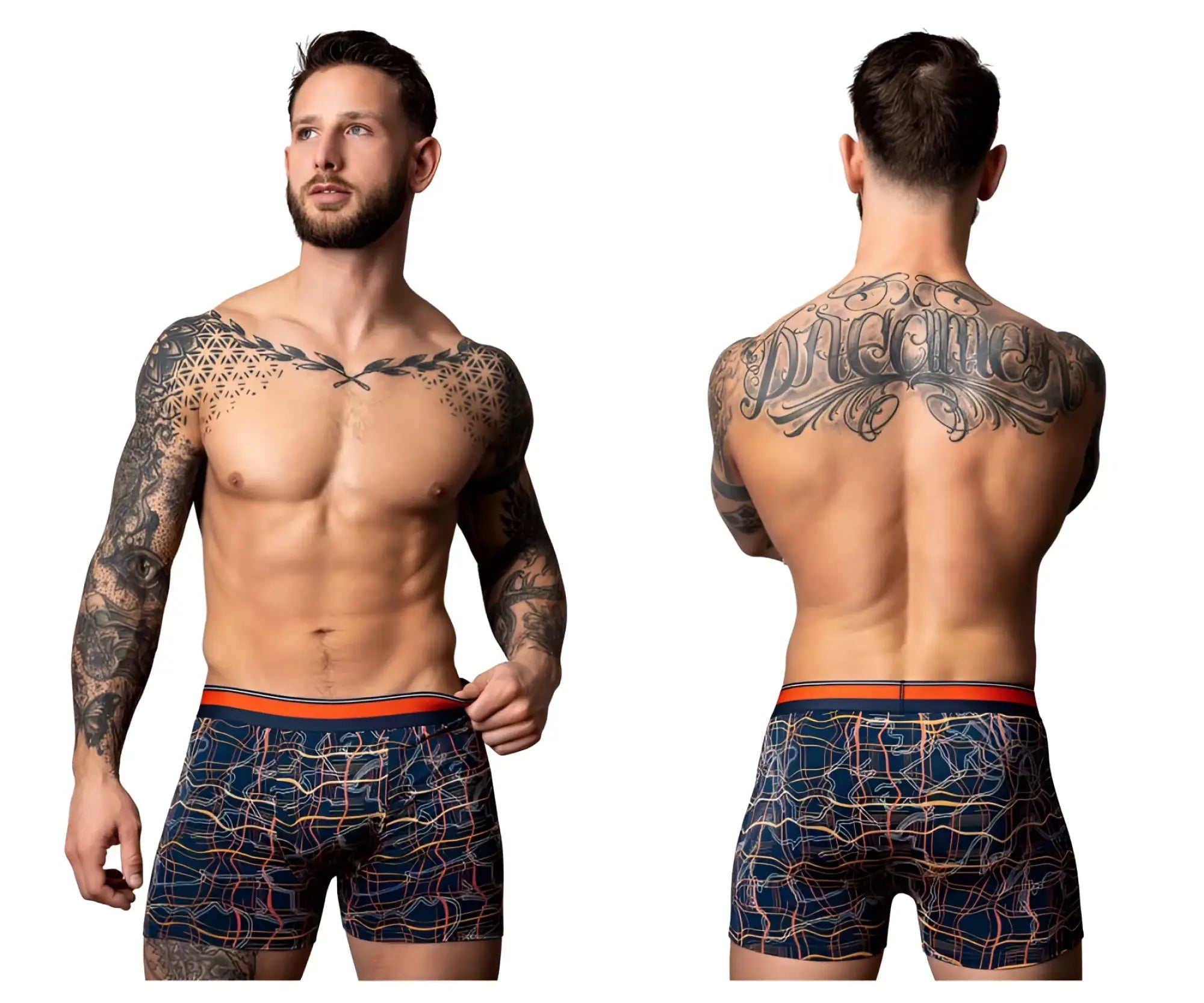 Male power 160-299 soo cumfy navy blue boxer briefs with orange pink geometric pattern and orange waistband