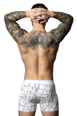 Male power 160-299 soo cumfy boxer briefs in white with black cracked earth pattern for comfortable wear