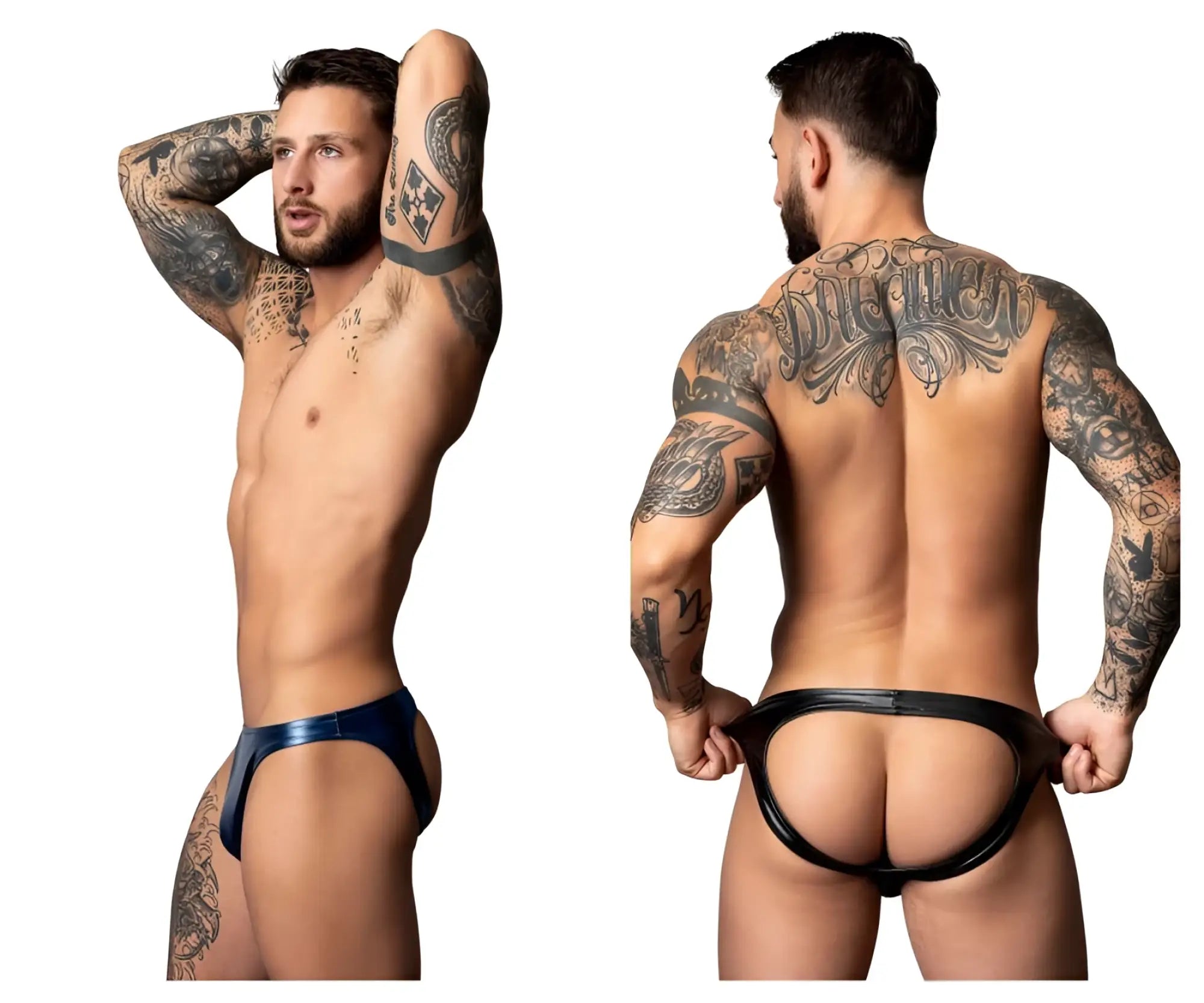 Blue and black latex thong with central cutout in male power 300-301 liquid onyx 2.0 moonshine color black
