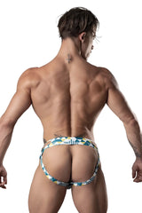 Male Power 302-292 cut it out briefs in blue green white with geometric pattern and distinctive cut for men