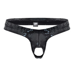 Male power 334-282 s-naked power sock thong with black-blue snake skin pattern mesh texture and elastic waistband
