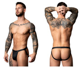 Black leather thong with adjustable side straps and central button closure from male power 346-298 oh snap snap off jock