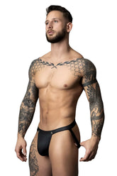 Male power 346-298 oh snap snap off jock in black leather thong with a small silver logo on the front