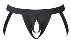 Black sleek minimalist thong with wide elastic waistband and embossed branding from male power 348-304 jock ring